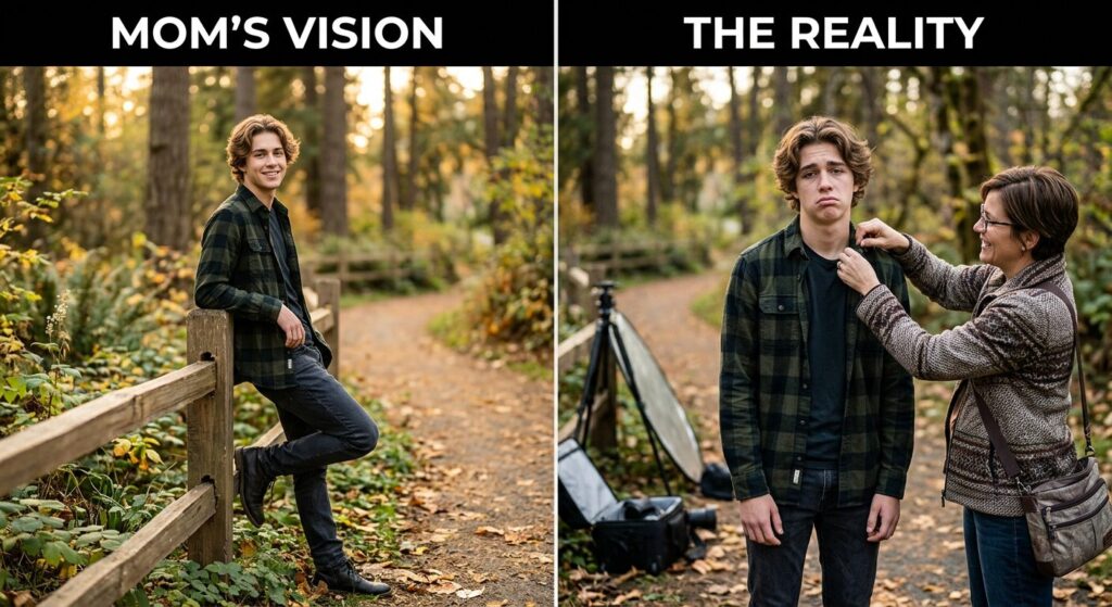 The "Pain-Free" Guide to Senior Photos for Guys in The Woodlands 1 A split-screen style image. On the left, a "Senior Portrait" of a handsome boy looking cool and relaxed in a nature setting. On the right, the "Behind the Scenes" reality: the same boy looking at the camera with a face of utter exhaustion while his mom adjusts his collar. Captions in bold text: "Mom's Vision" vs "The Reality."