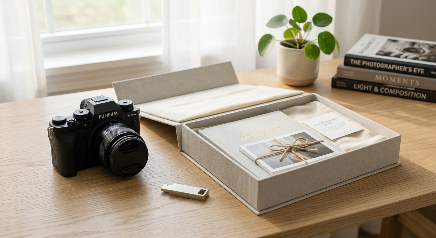 A professional photography workspace featuring a camera, digital storage, and elegant packaging, representing the stress-free, all-inclusive photography model.