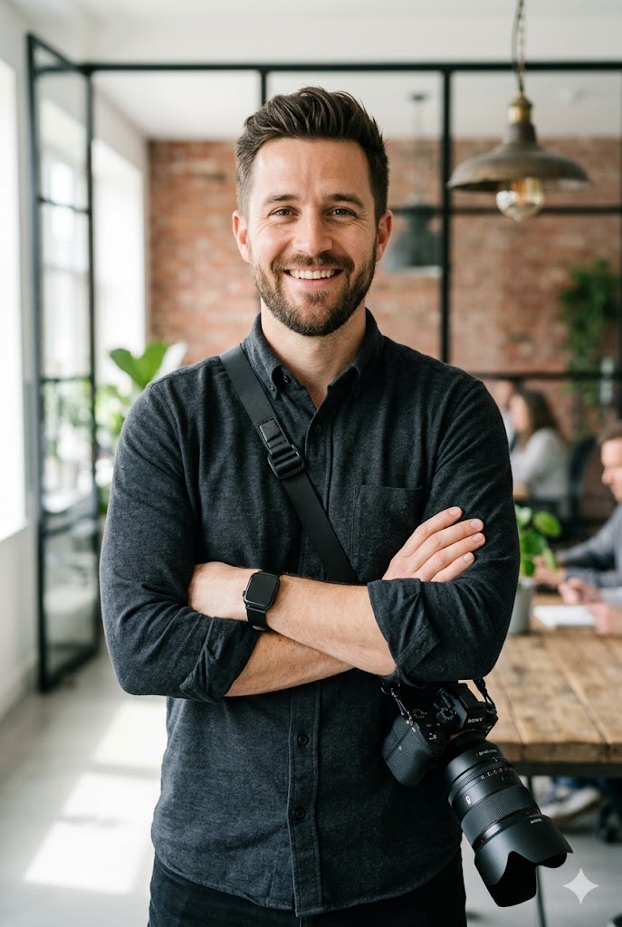 A picture of a male photographer standing in his photography studio.