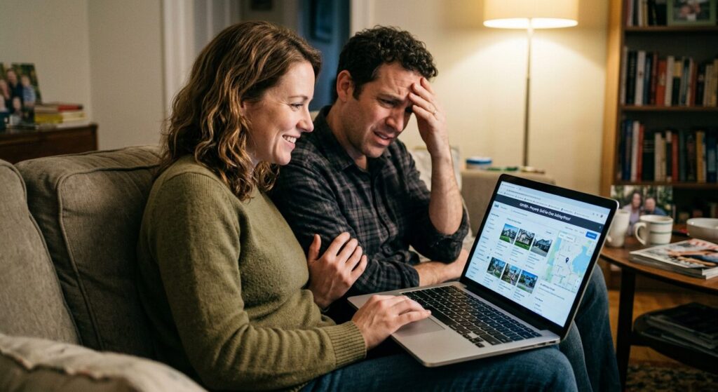 Why I Charge $250: Professional Portraits Without the Sticker Shock 1 A candid, warm-toned photo of a husband and wife on a cozy sofa looking at a photography portfolio on a laptop. The husband has a humorous, frustrated expression while rubbing his forehead, looking at a price list on the screen, while the wife smiles warmly and leans in toward him.