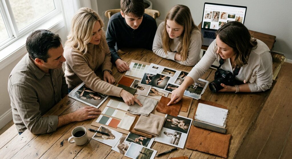 How Much Do Family Photos Cost? 2 A candid overhead view of a family and photographers gathered around an oak table, collaboratively planning a photo session using a physical mood board, fabric swatches, and a notebook filled with ideas.