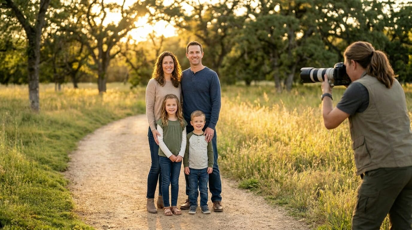 How Much Do Family Photos Cost? 3 A behind-the-scenes photograph of an outdoor family portrait session at golden hour, showing a family of four smiling naturally.