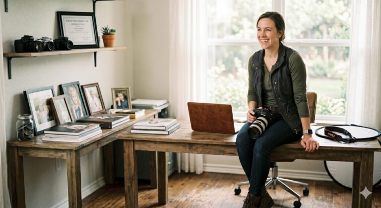 Picture of a professional photographer sitting on her desk.