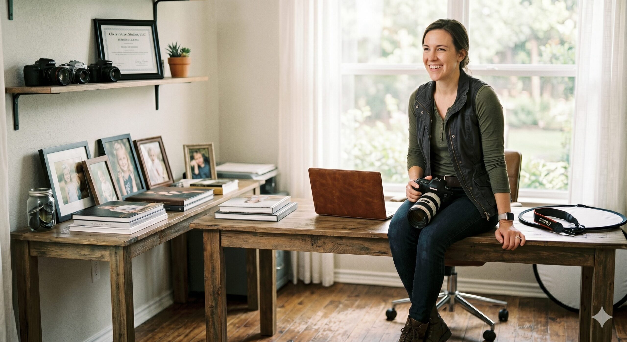 Picture of a professional photographer sitting on her desk.