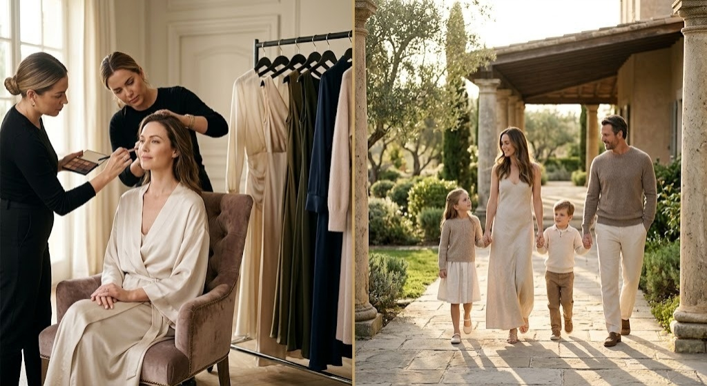 How Much Do Family Photos Cost? 1 A picture of a mom getting her hair an makeup done in one picture. The second picture shows the mom with her family duing a sunset photo session.