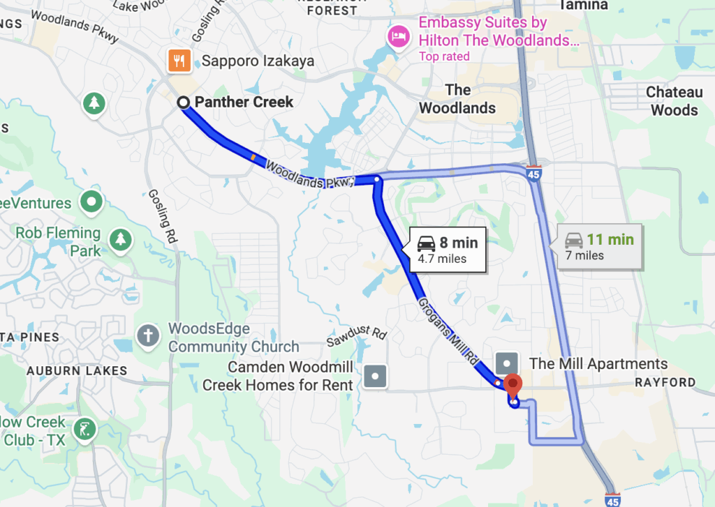 A picture of a map with driving directions; Panther Creek - The Woodlands to Bri Sullivan Photography's studio. A short 8 minute drive.