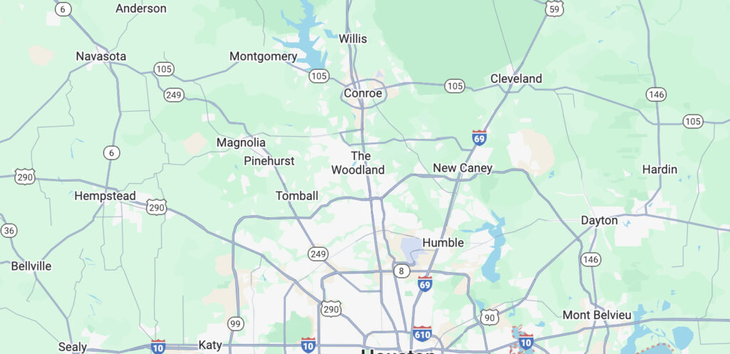 Picture of a map showing Bri Sullivan Photography's service area; Montgomery County, Liberty County, Waller County and northern Harris County (northern Greater Houston Metro Area).