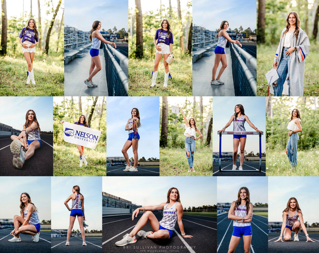 A collage of pictures of a senior high girl during her senior portrait photo session near Montgomery, Texas.