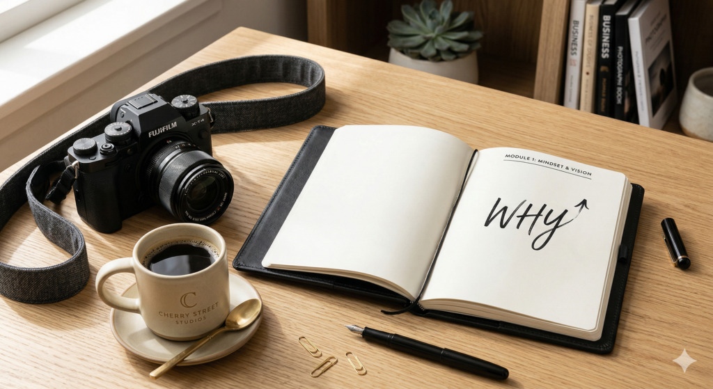 Photography business mindset and vision planning on a rustic desk with a camera, coffee mug, and a notebook featuring the word WHY.