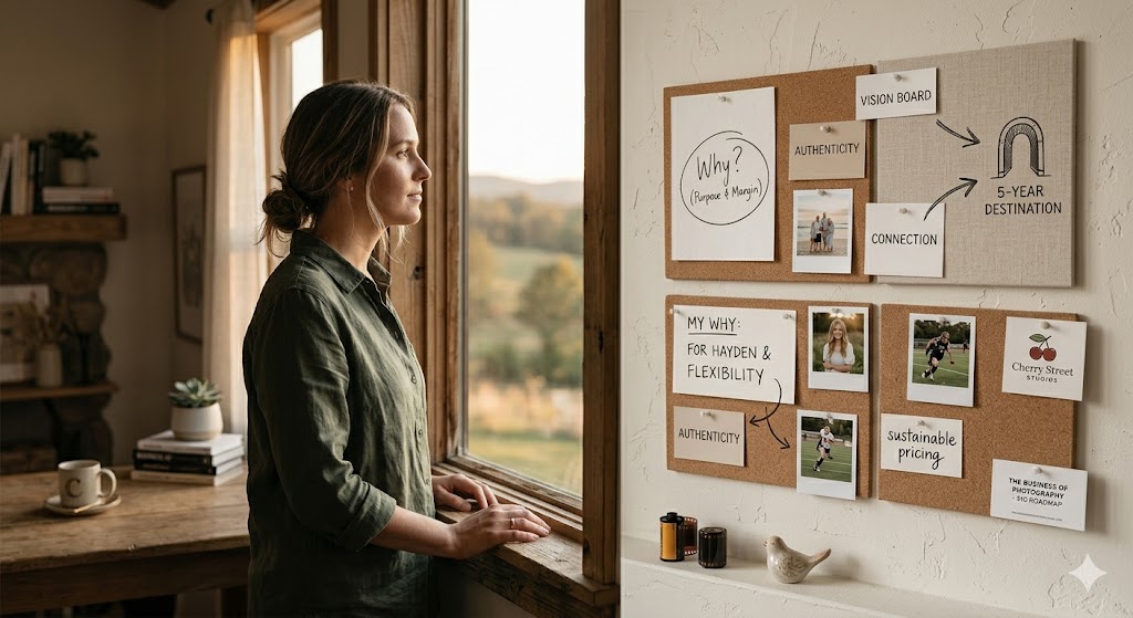 Contemplative female photographer looking out a window at golden hour next to an aesthetic vision board with business notes like 'MY WHY,' 'FOR HAYDEN,' and 'THE BUSINESS OF PHOTOGRAPHY - $10 ROADMAP'.