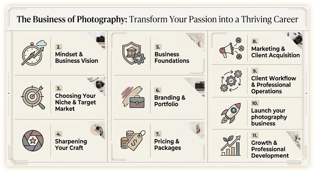 A visual grid outlining the course modules for The Business of Photography, featuring minimalist icons for topics like pricing, marketing, client workflow, and branding