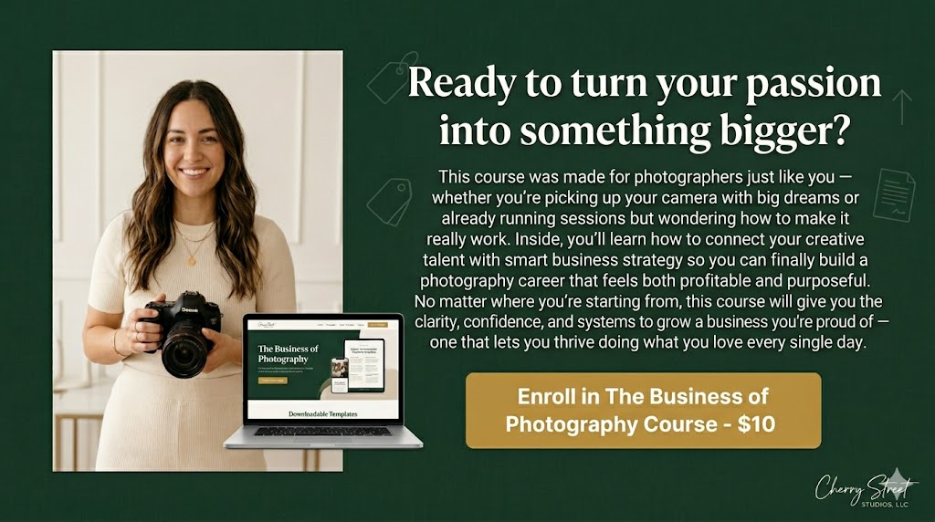 Ready to turn your passion into something bigger?
This course was made for photographers just like you — whether you’re picking up your camera with big dreams or already running sessions but wondering how to make it really work. Inside, you’ll learn how to connect your creative talent with smart business strategy so you can finally build a photography career that feels both profitable and purposeful. No matter where you’re starting from, this course will give you the clarity, confidence, and systems to grow a business you’re proud of — one that lets you thrive doing what you love every single day.
