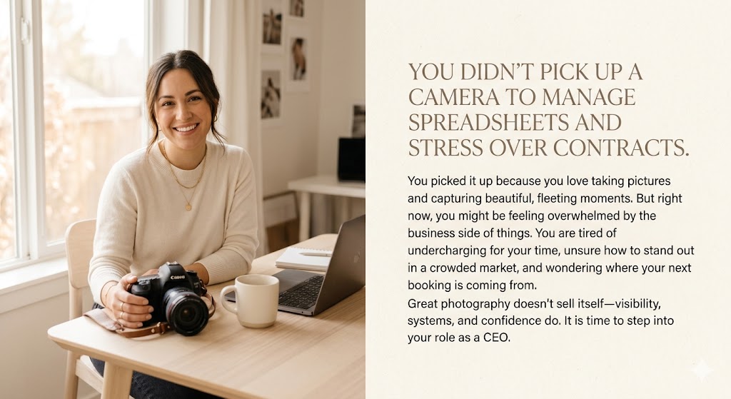 You picked it up because you love taking pictures and capturing beautiful, fleeting moments. But right now, you might be feeling overwhelmed by the business side of things. You are tired of undercharging for your time, unsure how to stand out in a crowded market, and wondering where your next booking is coming from.
Great photography doesn't sell itself—visibility, systems, and confidence do. It is time to step into your role as a CEO.